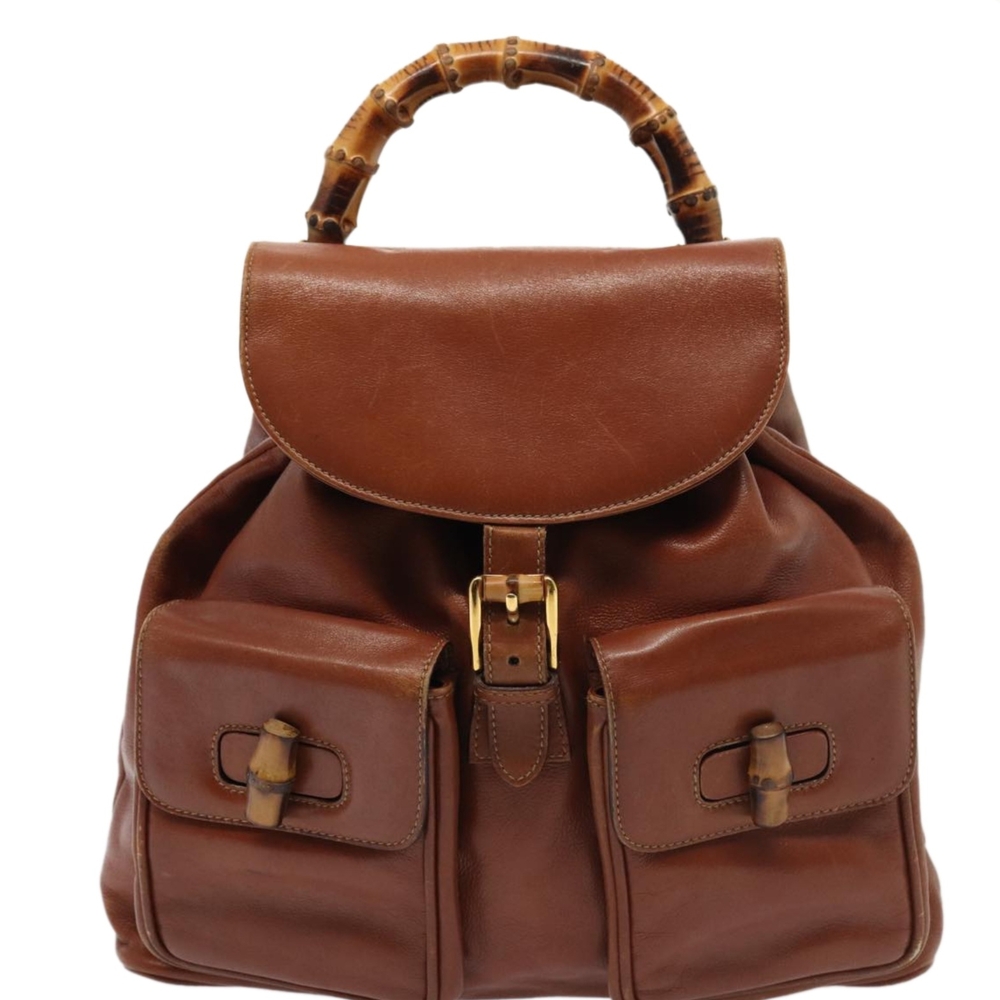 GENIUNE  Gucci Brown Leather Backpack with Bamboo Handle